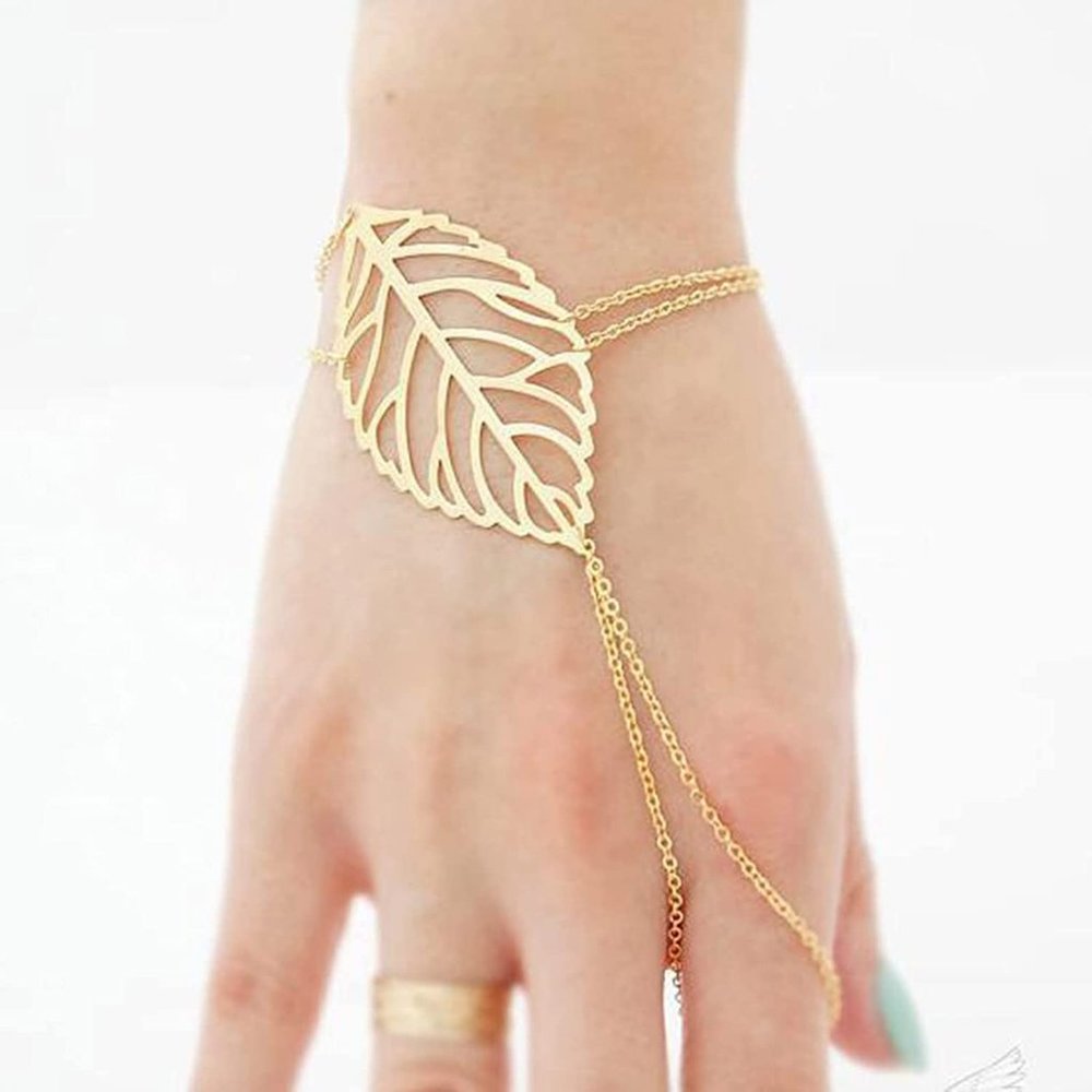 🆕Boho Leaf Chain Finger Loop Bracelet Gold